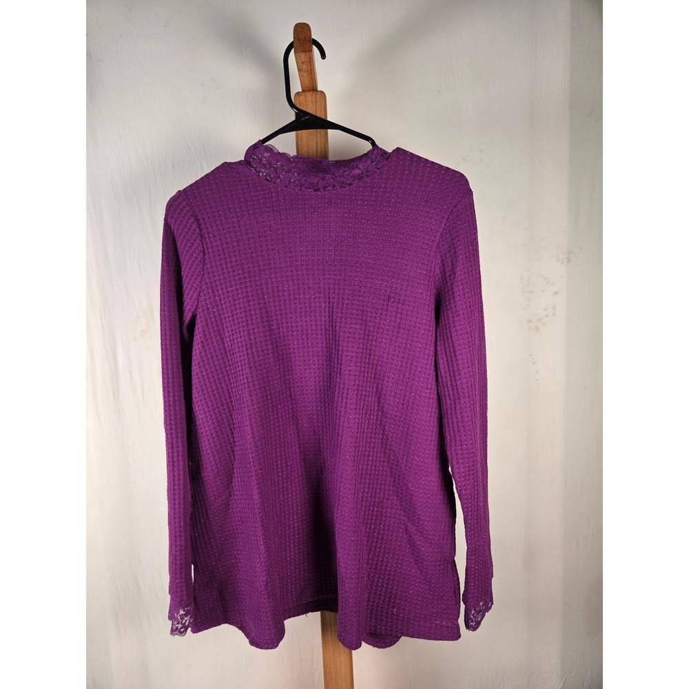 LOGO‎ Lori Goldstein Purple Waffle Knit Lace Trim Mock Neck Metallic Top Small
